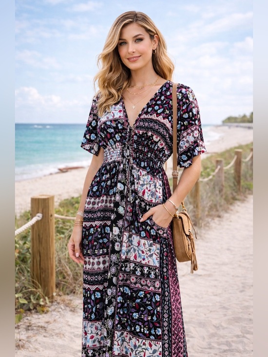 Anthro Attart State Patchwork Maxi Dress Boho Summer Chic M - Picture 2 of 9